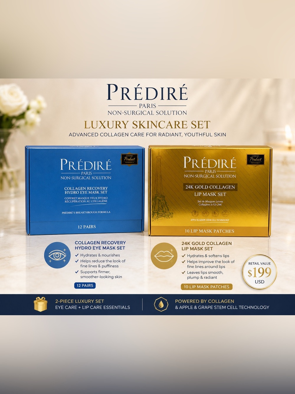 Prédiré Paris Collagen Eye + 24K Gold Lip Mask Luxury Set – NEW